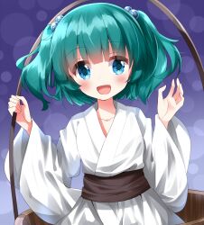 Rule 34 | 1girl, :d, aqua eyes, commentary request, green hair, hair bobbles, hair ornament, highres, japanese clothes, kimono, kisume, long hair, looking at viewer, open mouth, purple background, ruu (tksymkw), short hair, smile, solo, touhou, two side up, white kimono, wide sleeves