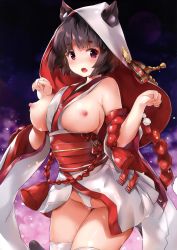 Rule 34 | 1girl, absurdres, animal ear fluff, animal ears, azur lane, bare shoulders, black hair, blush, breasts, breasts out, cameltoe, cat ears, cat tail, chiyingzai, highres, japanese clothes, large breasts, looking at viewer, nipples, no bra, open mouth, panties, pussy juice, red eyes, short hair, solo, tail, thighhighs, underwear, yamashiro (azur lane)
