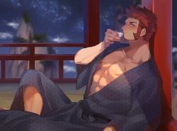 Rule 34 | 1boy, abs, beard, blue eyes, blush, brown hair, commentary request, cup, facial hair, fate (series), japanese clothes, kimono, large pectorals, leaning back, long sideburns, looking at viewer, pectoral cleavage, male focus, muscular, napoleon bonaparte (fate), open clothes, open mouth, open shirt, pectorals, rondo (poccal), scar, sideburns, sitting, solo