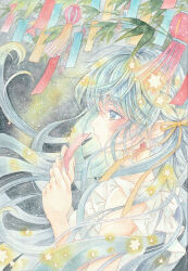 1girl absurdres amu_(m_aa) closed_mouth commentary earrings from_side grey_eyes grey_hair highres holding holding_tanzaku jewelry long_hair night original outdoors painting_(medium) profile shirt sleeveless sleeveless_shirt solo star_(symbol) tanabata tanzaku traditional_media upper_body watercolor_(medium) white_shirt