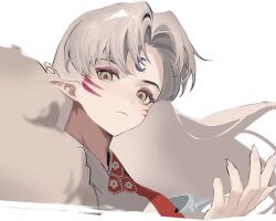 Rule 34 | 1boy, bishounen, cbow, claws, closed mouth, demon boy, eyeshadow, facial mark, forehead mark, grey hair, inuyasha, japanese clothes, long hair, looking at viewer, makeup, male focus, parted bangs, pointy ears, red eyeshadow, sesshoumaru, shoulder spikes, solo, spikes, upper body, white background, white fur, yellow eyes