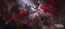 Rule 34 | 1girl, 2boys, arena of valor, barefoot, blood, bow, character request, closed mouth, clothing request, commentary, dress, english text, feet, hair ornament, highres, impaled, multiple boys, red bow, red eyes, sitting, sword, tagme, weapon, white hair, y xun
