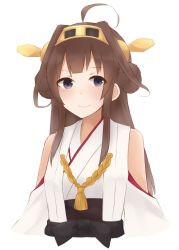 Rule 34 | 10s, 1girl, ahoge, bare shoulders, blush, brown hair, detached sleeves, double bun, hair bun, hairband, headgear, highres, japanese clothes, kantai collection, kongou (kancolle), long hair, looking at viewer, nontraditional miko, otoharu, purple eyes, simple background, smile, solo, upper body, white background