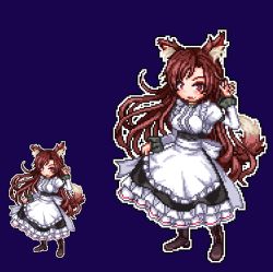 Rule 34 | 1girl, alternate costume, animal ears, apron, boots, breasts, brown eyes, brown footwear, brown hair, cross-laced footwear, dress, enmaided, frilled dress, frills, imaizumi kagerou, juliet sleeves, lace-up boots, long hair, long sleeves, lowres, maid, petticoat, pixel art, puffy sleeves, red eyes, simple background, skirt hold, standing, tail, touhou, underbust, unk kyouso, v, very long hair, wolf ears, wolf tail