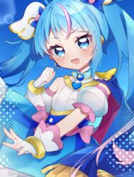 Rule 34 | 1girl, ahoge, blue eyes, blue hair, cape, clenched hand, commentary, cure sky, detached sleeves, earrings, eringikinono, fingerless gloves, gloves, highres, hirogaru sky! precure, jewelry, long hair, magical girl, open mouth, precure, puffy detached sleeves, puffy sleeves, single earring, single sidelock, smile, solo, sora harewataru, twintails, two-sided cape, two-sided fabric, very long hair, white gloves, wing hair ornament