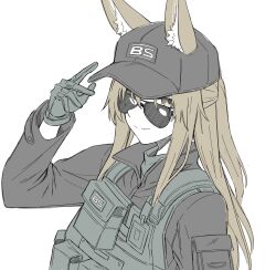 Rule 34 | 1girl, animal ears, arknights, arm at side, arm pouch, baseball cap, black-framed eyewear, black hat, black shirt, brown eyes, brown hair, bulletproof vest, closed mouth, collared shirt, crooked eyewear, fox ears, fox girl, franka (arknights), from side, gloves, green gloves, half updo, hand up, hat, highres, kyoro (kyoroillust), limited palette, long sleeves, looking at viewer, one side up, ponytail, shirt, sideways glance, simple background, smile, solo, sunglasses, upper body, white background