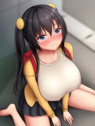 Rule 34 | 1girl, after fellatio, backpack, bag, barefoot, black hair, black skirt, blue eyes, blurry, blurry background, blush, breasts, closed mouth, covered erect nipples, cum, cum in mouth, embarrassed, feet, female focus, from above, gokkun, hair between eyes, highres, huge breasts, jacket, legs, nose blush, oppai loli, original, outdoors, randoseru, road, school bag, sitting, skirt, solo, street, tapisuke, tears, thighs, twintails, wariza