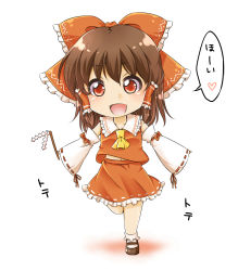 Rule 34 | 1girl, :d, ascot, blouse, blush, bow, brown hair, chibi, detached sleeves, frilled skirt, frills, full body, gohei, hair bow, hair tubes, hakurei reimu, haruki (colorful macaron), highres, mary janes, midriff, open mouth, outstretched arms, red eyes, red skirt, running, shirt, shoes, skirt, skirt set, sleeveless, smile, socks, solo, touhou, white background, white socks, wide sleeves