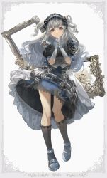 Rule 34 | 1girl, absurdres, black dress, dress, full body, gloves, grey hair, grey theme, hairband, highres, idolmaster, idolmaster shiny colors, kneehighs, lace, lace-trimmed legwear, lace trim, long hair, looking at viewer, mary janes, mokuto, own hands clasped, own hands together, picture frame, puffy short sleeves, puffy sleeves, purple eyes, shoes, short sleeves, socks, solo, two side up, white background, white gloves, yukoku kiriko