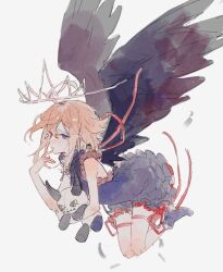 Rule 34 | 1girl, angel wings, bacheally, bare arms, black dress, black feathers, black footwear, black wings, blue eyes, blush, boots, brown hair, closed mouth, cross, crown, dress, facing ahead, feathered wings, feathers, frilled dress, frills, full body, halo, hand on own chin, hands up, heterochromia, highres, holding, holding stuffed toy, horns, leg ribbon, neck ribbon, original, red ribbon, ribbon, short hair, simple background, single horn, sketch, sleeveless, sleeveless dress, solo, spread wings, stuffed animal, stuffed toy, thigh strap, white background, wings