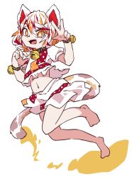 Rule 34 | 1girl, animal ears, bell, calico, cat ears, cat tail, claw pose, goutokuji mike, lana151, leg up, midriff, multicolored hair, neck bell, open mouth, orange eyes, patch, shirt, shorts, tail, touhou, w, white background, white shirt, white shorts