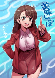 Rule 34 | 1girl, breasts, brown eyes, brown hair, character request, collared shirt, earrings, formal, highres, index finger raised, jewelry, long hair, looking at viewer, open mouth, shirt, shirt tucked in, single earring, skirt, skirt suit, smile, solo, suit, tukiwani