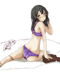 Rule 34 | 1girl, ass, barefoot, black hair, bra, brown eyes, character name, unworn clothes, from behind, hair ornament, hairclip, highres, kantai collection, looking at viewer, looking back, oyashio (kancolle), panties, purple bra, purple panties, rizzl, signature, simple background, solo, underwear, underwear only, white background