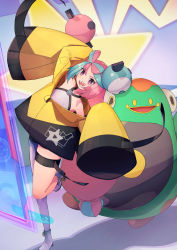 Rule 34 | 1girl, 385oo, bare shoulders, bellibolt, blue hair, bow-shaped hair, character hair ornament, creatures (company), game freak, grey pantyhose, hair ornament, hexagon print, highres, iono (pokemon), jacket, leg up, long hair, low-tied long hair, multicolored hair, nintendo, open mouth, oversized clothes, pantyhose, pink eyes, pink hair, pokemon, pokemon (creature), pokemon sv, sharp teeth, single leg pantyhose, sleeves past fingers, sleeves past wrists, smile, split-color hair, standing, standing on one leg, star (symbol), teeth, very long sleeves, x, yellow jacket