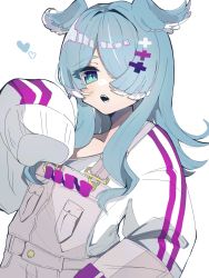 Rule 34 | 1girl, collarbone, elira pendora, elira pendora (1st costume), gloves, grey gloves, grey overalls, hair over one eye, head wings, heart, highres, leaning back, long hair, nijisanji, nijisanji en, off shoulder, one eye covered, open mouth, overalls, single glove, sleeves past fingers, sleeves past wrists, solo, sweater, upper body, virtual youtuber, white background, white sweater, wings, yuusei (yuusei 02 05)