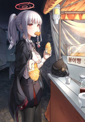 Rule 34 | 1girl, absurdres, alternate hairstyle, black coat, black headwear, black necktie, black pantyhose, black skirt, blue archive, blush, bottle, bow, braid, coat, coat on shoulders, collared shirt, commentary request, cowboy shot, cup, food, food in mouth, grey hair, hair bow, halo, haruna (blue archive), highres, holding, holding food, korean commentary, looking at viewer, market stall, necktie, night, outdoors, pantyhose, police riot (artist), ponytail, red eyes, shirt, shirt tucked in, skirt, solo, spray bottle, taiyaki, toilet paper, unworn headwear, wagashi, white shirt