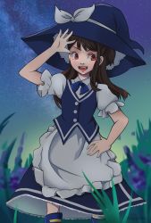 Rule 34 | 1girl, absurdres, boots, brown hair, cheshikk, dress, hat, highres, kagari atsuko, kirisame marisa, little witch academia, long hair, open mouth, red eyes, smile, solo, standing, touhou, witch hat