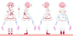 Rule 34 | 1girl, absurdres, ana (rznuscrf), bare shoulders, character sheet, closed mouth, food, frills, from behind, from side, fruit, full body, gloves, hair ornament, highres, indie virtual youtuber, maisaki berry, medium hair, pink hair, red footwear, strawberry, thighhighs, two side up, virtual youtuber, white background, white gloves