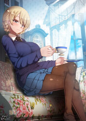 Rule 34 | 1girl, blonde hair, blue eyes, blush, braid, breasts, brown pantyhose, closed mouth, couch, cup, darjeeling (girls und panzer), french braid, girls und panzer, holding, holding cup, indoors, large breasts, looking at viewer, megadeko, miniskirt, on couch, pantyhose, school uniform, sitting, skirt, smile, solo, st. gloriana&#039;s school uniform, teacup, window