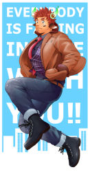 Rule 34 | 1boy, alternate costume, animal ears, ass, bara, brown hair, cow ears, denim, english text, facial hair, fiery horns, forked eyebrows, formal, glowing horns, goatee, hands in pockets, horns, jacket, jeans, jumping, male focus, muscular, open clothes, open jacket, pants, pectorals, red neckwear, shoes, short hair, sideburns, solo, thighs, tokyo houkago summoners, unplugged line, wakan tanka