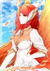 Rule 34 | 1girl, absurdres, afk arena, breasts, choker, cloud, crystal, dress, feathered wings, feathers, gem, gloves, hair ornament, head wings, highres, large breasts, long hair, looking at viewer, multicolored hair, orange hair, pale skin, parted bangs, red hair, samip, see-through, sky, solo, talene (afk arena), two-tone hair, upper body, white dress, white gloves, wings, yellow eyes