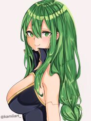 Rule 34 | 1girl, artist name, blush, braid, braided ponytail, breasts, cleavage, cleavage cutout, closed mouth, clothing cutout, eden&#039;s zero, green eyes, grey hair, highres, instagram logo, instagram username, kamiiart, large breasts, long braid, long hair, looking at viewer, low-braided long hair, low-tied long hair, smile, twitter logo, twitter username, very long hair, witch regret