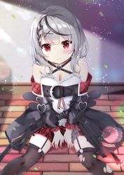 Rule 34 | 1girl, aizawa (aizawatsu), bare shoulders, belt, black jacket, black thighhighs, blurry, bokeh, braid, breasts, cleavage, closed mouth, collar, day, depth of field, falling leaves, floor, garter straps, grey hair, hair ornament, hairclip, highres, hololive, jacket, large breasts, leaf, light rays, looking at viewer, nail polish, on floor, open clothes, open jacket, outdoors, plaid, plaid skirt, pleated skirt, red eyes, red nails, sakamata chloe, shirt, sitting, skirt, sunbeam, sunlight, thighhighs, torn clothes, torn legwear, virtual youtuber, white shirt
