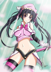 Rule 34 | 10s, 1girl, black hair, breasts, gradient background, groin, high school dxd, magical girl, midriff, navel, pink eyes, serafall leviathan, skindentation, solo, souryu 1231, staff, striped clothes, striped legwear, striped thighhighs, thighhighs, twintails