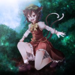 Rule 34 | 1girl, animal ears, bad id, bad pixiv id, bow, brown eyes, brown hair, cat ears, cat girl, cat tail, chen, ear piercing, earrings, fang, female focus, frilled skirt, frills, hat, highres, jewelry, kneeling, loafers, multiple tails, nekomata, open mouth, piercing, red skirt, shirt, shoes, skirt, skirt set, smile, solo, tail, touhou, tsukishiro saika