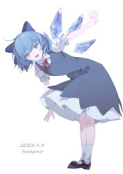 1girl :d absurdres arm_up artist_name bent_over blue_bow blue_dress blue_eyes blue_hair bow bowtie brown_footwear cirno collared_shirt commentary dated detached_wings dress english_commentary fairy fairy_wings frilled_sleeves frills from_side full_body hair_between_eyes hair_bow highres huaano ice ice_wings light_blush looking_at_viewer mary_janes medium_hair neck_ribbon open_mouth pinafore_dress puffy_short_sleeves puffy_sleeves red_bow red_bowtie red_ribbon ribbon shirt shoes short_hair short_sleeves simple_background sleeveless sleeveless_dress smile socks solo standing touhou white_background white_shirt white_socks wings