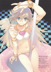Rule 34 | 1girl, absurdres, between legs, blonde hair, blue eyes, breasts, bridal gauntlets, checkered floor, closed mouth, collarbone, earrings, fingernails, highres, huge filesize, jewelry, long hair, looking at viewer, medium breasts, mini wings, mitsumi misato, navel, panties, panty &amp; stocking with garterbelt, panty (psg), panty pull, pink panties, pole, pole dancing, pulling own clothes, scan, shiny skin, simple background, sleeveless, smile, solo, stomach, stripper pole, thighs, underwear, wings