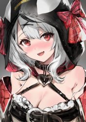 Rule 34 | 1girl, animal hood, bare shoulders, black dress, blush, bow, breasts, cleavage, collar, dress, fang, frills, haoni, highres, hololive, holox, hood, hood up, large breasts, looking at viewer, open mouth, orca hood, red bow, red eyes, sakamata chloe, sakamata chloe (1st costume), short hair, smile, solo, virtual youtuber, white hair