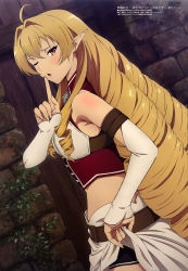 Rule 34 | 1girl, absurdres, ahoge, aineko, bare shoulders, belt, bike shorts, blonde hair, blush, breasts, clothes lift, come hither, drill hair, elbow gloves, elf, elinalise dragonroad, finger to mouth, fingerless gloves, gloves, highres, lifted by self, long hair, looking at viewer, looking back, medium breasts, megami magazine, mushoku tensei, official art, one eye closed, open mouth, pointy ears, red eyes, scan, shorts, shorts under skirt, shushing, sideboob, skirt, skirt lift, solo, stomach, teasing, thighs, twin drills, very long hair, white gloves