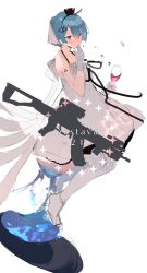 Rule 34 | 1girl, assault rifle, blue hair, character name, crown, cup, dress, drinking glass, girls&#039; frontline, gloves, gun, hair between eyes, hairband, highres, hourglass, mini crown, official alternate costume, purple eyes, rifle, short hair, simple background, sitting, solo, soukou makura, sparkle, weapon, white background, white dress, white gloves, white legwear, wine glass, zas m21 (girls&#039; frontline), zas m21 (white queen) (girls&#039; frontline)