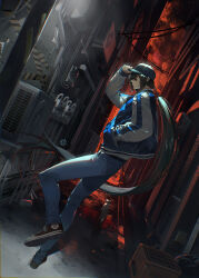 Rule 34 | 1boy, air conditioner, alley, alternate costume, baseball cap, belt, black belt, black footwear, black hair, black hat, blue jacket, blue pants, box, brick wall, building, cat, cloud, dutch angle, fate/grand order, fate (series), from side, full body, glowing, glowing eye, hair between eyes, hair tubes, hand in pocket, hand on headwear, hat, industrial pipe, jacket, letterman jacket, light particles, long hair, looking at viewer, low ponytail, male focus, pants, profile, red sky, serious, shirt, shoes, sideways glance, sky, sneakers, solo, standing, standing on one leg, tansaninryou, white shirt, yan qing (fate), yellow eyes