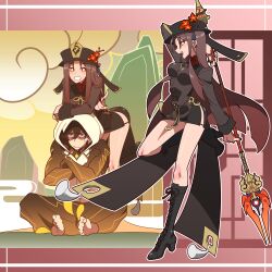 Rule 34 | 1boy, 1girl, absurdres, arm tattoo, bent over, black footwear, black hair, black headwear, black nails, blush, boots, breast rest, breasts, breasts on head, brown hair, chinese clothes, cloak, cloud, coat, coattails, crossed arms, flower, flower-shaped pupils, genshin impact, hair between eyes, hat, hat flower, hat tassel, highres, holding, holding polearm, holding weapon, hood, hood up, hooded cloak, hooded robe, hu tao (genshin impact), imtmcomics, long hair, long sleeves, looking at viewer, medium breasts, miniskirt, mountain, official alternate costume, open mouth, plum blossoms, polearm, porkpie hat, red eyes, rex lapis (genshin impact), robe, sidelocks, sitting, skirt, smile, staff of homa (genshin impact), standing, standing on one leg, sweatdrop, symbol-shaped pupils, tailcoat, tattoo, teeth, thumb ring, upper teeth only, v, weapon, white coat, yellow eyes, zhongli (archon) (genshin impact), zhongli (genshin impact)
