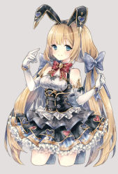 Rule 34 | 1girl, animal ears, arm up, bare shoulders, black skirt, blonde hair, blue bow, blue eyes, bow, rabbit ears, closed mouth, commentary request, copyright request, cropped legs, elbow gloves, gloves, grey background, hair bow, hand up, heart, highres, kikka (kicca choco), layered skirt, long hair, low twintails, pleated skirt, simple background, skirt, smile, solo, twintails, underbust, very long hair, white gloves
