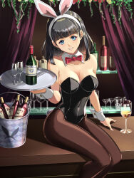Rule 34 | 1girl, alcohol, animal ears, black hair, black leotard, black pantyhose, blue eyes, bow, bowtie, breasts, chiga akira, cleavage, counter, cup, curtains, detached collar, drinking glass, fake animal ears, feet out of frame, highres, ice bucket, leotard, medium breasts, medium hair, original, pantyhose, playboy bunny, rabbit ears, rabbit tail, red bow, red bowtie, sitting, smile, solo, strapless, strapless leotard, tail, wine, wine glass, wrist cuffs