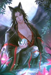 Rule 34 | 1boy, animal ears, bishounen, black hair, black jacket, brown eyes, chinese clothes, collared jacket, facial mark, flower, forehead mark, full moon, hand up, hanfu, highres, holding, jacket, linhii hihi, long hair, long sleeves, looking at object, lotus, luo binghe, male focus, moon, outdoors, pink flower, plant, renzha fanpai zijiu xitong, seashell, shell, solo, standing, upper body, very long hair, wading, water, wide sleeves, wolf boy, wolf ears