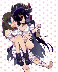 Rule 34 | 2girls, animal collar, bandaged arm, bandaged head, bandaged leg, bandages, barefoot, bicorne, black choker, black coat, black eyes, black footwear, black hair, black headwear, black skirt, blood, blood on clothes, blush, boots, bow, breasts, carrying, chain, chain leash, choker, cleavage, coat, coat on shoulders, coin purse, collar, commentary, crocroxxx, dark-skinned female, dark skin, frown, girls und panzer, hair bow, hair over one eye, halloween, halloween costume, hat, hat feather, highres, holding, leaning back, leash, long hair, looking at another, medium breasts, microskirt, multiple girls, mummy costume, murakami (girls und panzer), ogin (girls und panzer), open mouth, parted lips, pirate, pirate hat, polka dot, polka dot background, ponytail, princess carry, red bow, red eyes, shirt, short sleeves, skirt, skull and crossbones, smile, standing, sweatdrop, tied shirt, white shirt, yuri