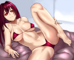Rule 34 | 1girl, absurdres, barefoot, bikini, chromatic aberration, fate/grand order, fate (series), feet, highres, kisaragi tsurugi, long hair, looking at viewer, red eyes, scathach (fate), swimsuit, toes