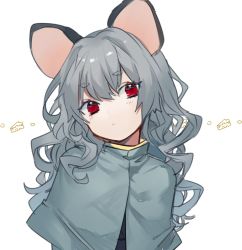 Rule 34 | ..., 1girl, alternate hair length, alternate hairstyle, animal ears, black vest, capelet, cheese, commentary, daimaou ruaeru, eyes visible through hair, food, grey capelet, grey hair, hair between eyes, head tilt, highres, long hair, looking at viewer, mouse ears, nazrin, red eyes, simple background, solo, thick eyebrows, touhou, upper body, vest, wavy hair, white background