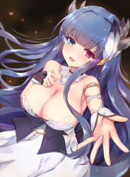 Rule 34 | 1girl, armlet, armpits, azur lane, bare shoulders, black background, blue eyes, blue hair, breasts, cleavage, detached collar, dress, feather hair ornament, floating hair, glowing, glowing eyes, habu rin, hand on own chest, heterochromia, highres, horns, ibuki (azur lane), ibuki (snow on the wind) (azur lane), large breasts, long hair, looking at viewer, open mouth, outstretched arm, red eyes, sleeveless, sleeveless dress, smile, solo, strapless, strapless dress, upper body, white dress