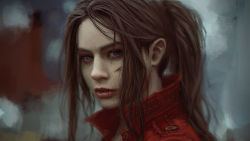 Rule 34 | 1girl, blood, blue eyes, blurry, brown hair, claire redfield, close-up, highres, jacket, lips, long hair, looking at viewer, open mouth, ponytail, profile, realistic, red jacket, resident evil, resident evil 2, signature, simple background, solo