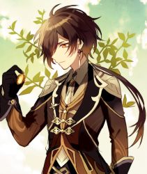 Rule 34 | 1boy, bad id, bad twitter id, black gloves, black suit, branch, brown hair, commentary, earrings, formal, gem, genshin impact, gloves, gradient background, green background, hair over one eye, highres, holding, holding gem, jewelry, kouzuki (kuzk 0512), long hair, looking at object, male focus, ponytail, single earring, solo, suit, upper body, vision (genshin impact), white background, white neckwear, yellow eyes, zhongli (genshin impact)