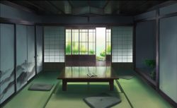 Rule 34 | absurdres, book, cushion, day, highres, indoors, kyarage (soda), landscape, light, no humans, open book, original, path, plant, potted plant, reflection, road, scenery, shouji, sliding doors, table, tatami