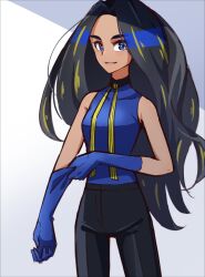 Rule 34 | 1girl, adjusting clothes, adjusting gloves, black hair, black pants, blue eyes, blue gloves, blue shirt, bright pupils, commentary request, covered collarbone, cowboy shot, creatures (company), eyelashes, game freak, geeta (pokemon), gloves, highres, hyoe (hachiechi), long hair, looking at viewer, multicolored hair, neck ribbon, nintendo, pants, parted lips, pokemon, pokemon sv, ribbon, shirt, sleeveless, sleeveless shirt, smile, solo, white pupils, yellow ribbon