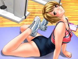 Rule 34 | 1girl, artist request, ass, blonde hair, blush, character request, copyright request, game cg, joy ride, leotard, libido, looking at viewer, no socks, shoes, short hair, sneakers, sportswear, stretching, yellow eyes