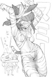 Rule 34 | 1girl, animal ears, armpits, arms up, bandage over one eye, bandages, biting, blush, breasts, cat ears, cat girl, cat tail, chibi, chibi inset, closed mouth, embarrassed, greyscale, halloween, halloween costume, highres, legs folded, looking at viewer, medium breasts, monochrome, mummy costume, naked bandage, navel, original, shiro iku, short hair, simple background, sweatdrop, tail, tearing up, tears, white background