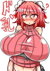 Rule 34 | 1girl, ?, alternate costume, bare shoulders, belt, blush, breasts, bun cover, double bun, garter belt, garter straps, gigantic breasts, highres, huge breasts, ibaraki kasen, impossible clothes, impossible sweater, looking at viewer, open mouth, pink eyes, pink hair, ribbed sweater, rindou (p41neko), solo, sweater, touhou